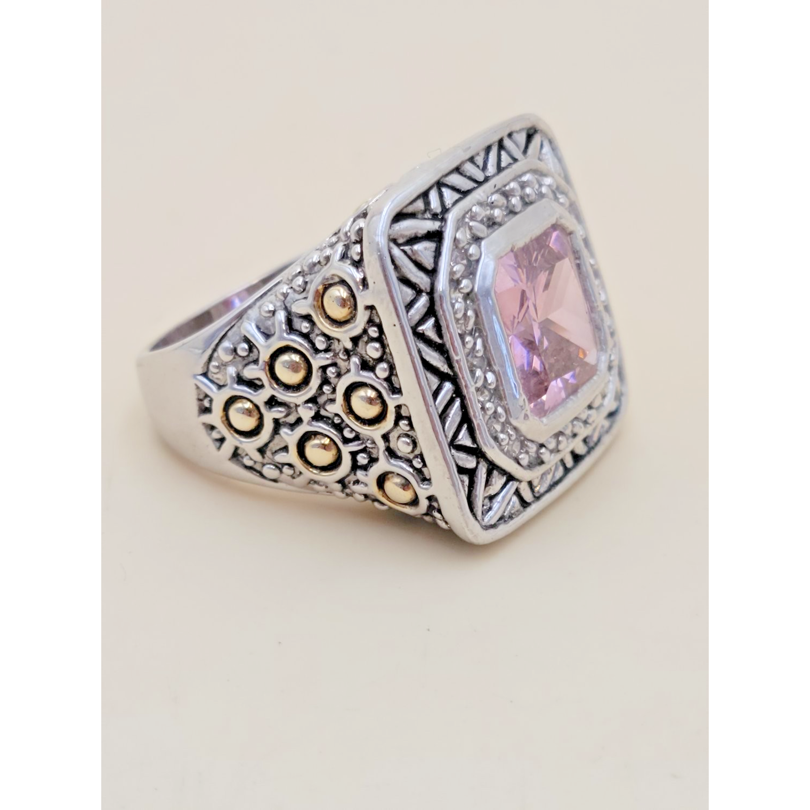 Vintage Sterling Silver Pink Amethyst Cushion Cut Bali Cocktail Ring Sz 7.5